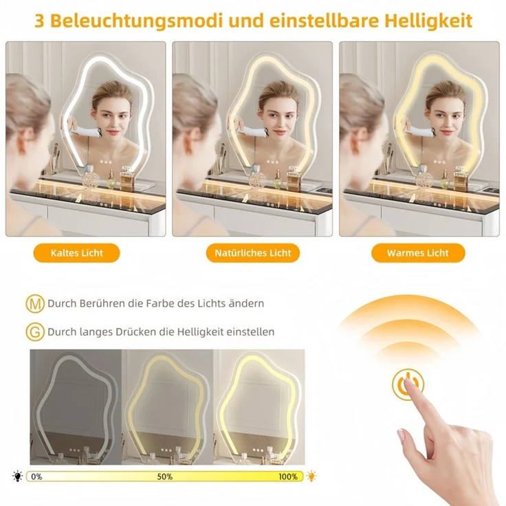 Schminktisch 120 cm mit Spiegel, 5 Schubladen und LED-Beleuchtung, Glasplatte, Weiß – Bild 9