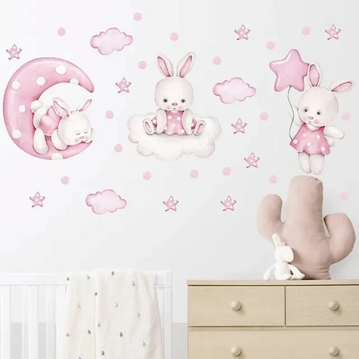 Montegoni Wandsticker Wandtattoo Kinder Tier Wandsticker (Kaninchen Tanz Ballon, Wolken, Sterne, Wandaufkleber für Mädchenzimmer,babyzimmer), wasserdichte und abnehmbare – Bild 2
