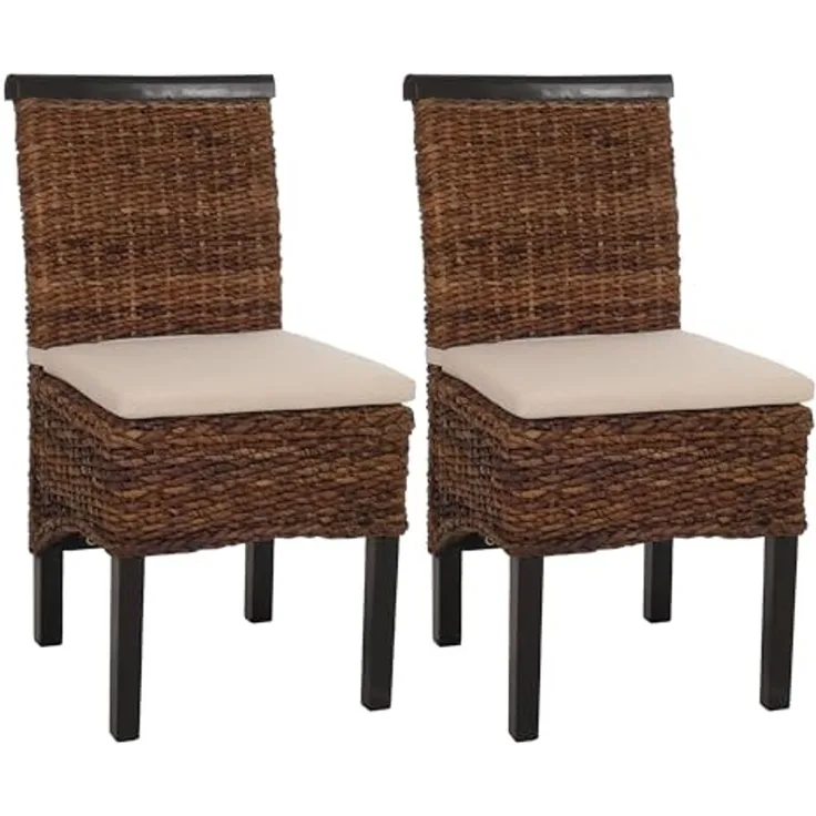2er-Set Esszimmerstuhl Korbstuhl M45 Stuhl Bananengeflecht ~ dunkel, mit Kissen