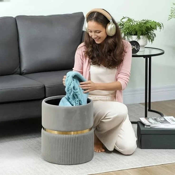 HOMCOM Sitzhocker Polsterhocker mit Samtoptik (Runder Hocker, 1 St, Polsterhocker), für Wohnzimmer, Schlafzimmer, Hellgrau – Bild 7