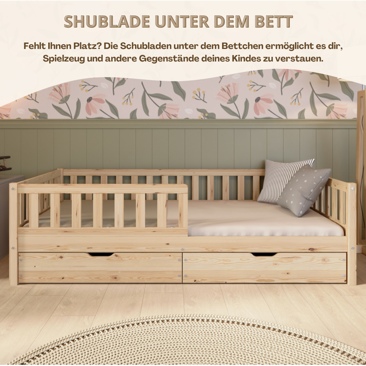 Crazy Pine 'Crazy Basic' Kinderbett mit Rausfallschutz, Skandinavisches Design, Holz, Natur, 80x160 cm, mit Schublade – Bild 7