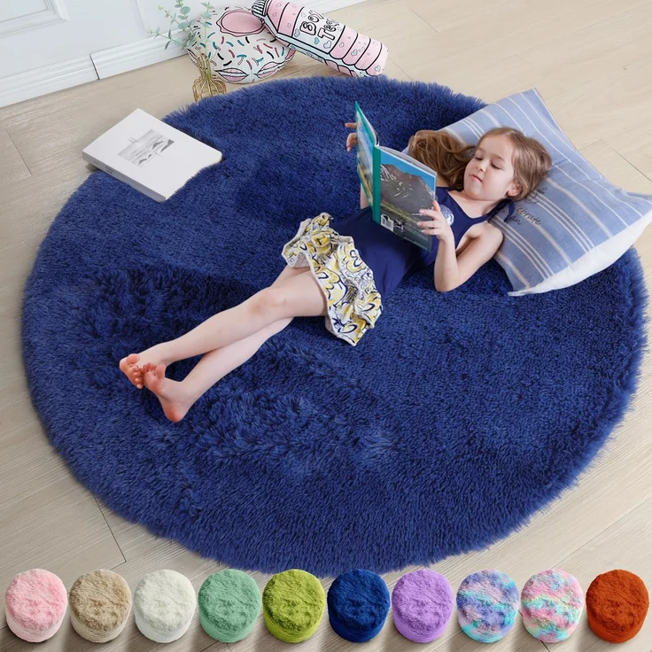 Marineblauer runder Teppich für Jungenzimmer, Schlafzimmer, waschbar, Kreisbereich, Teppiche für Kinderzimmer, Wohnzimmer, Dekoration, ästhetisch, flauschiger Zottelfell-Überwurf, königsblau, Teppich