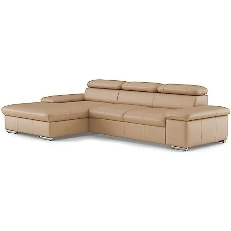 CAVADORE Echtleder-Schlafcouch Valerie mit XL-Longchair / Ecksofa mit Bettfunktion, Kopfteilverstellung + großem Longchair / 286 x 73 x 174 / Leder Beige