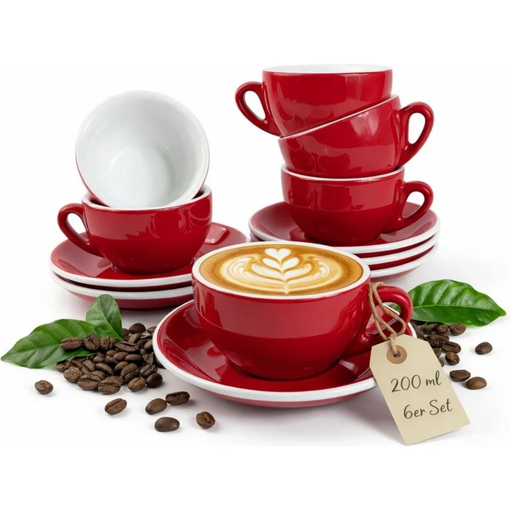 MUVELL Cappuccinotasse 6er Cappuccino-Set "ROM" inkl. Tasse 200ml + Untertasse, rot, 6-tlg, Keramik, 200 ml rot mit weißen Rand und Innenfläche – Bild 1