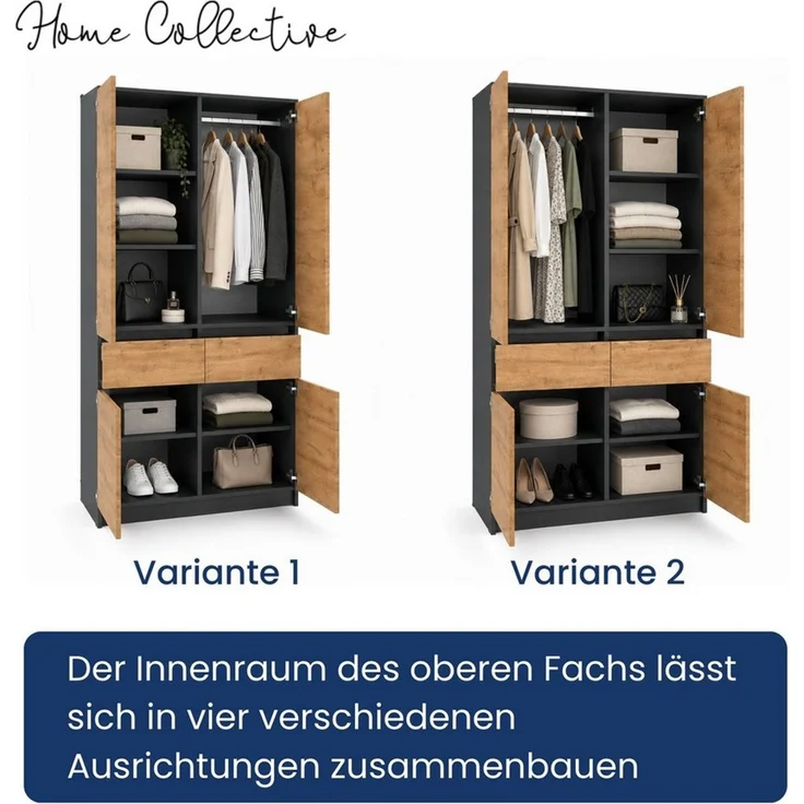 Home Collective Kleiderschrank Schrank Schlafzimmer Garderobenschrank Mehrzweckschrank Hochschrank (100 cm breit, mit 2 Schubladen, Kleiderstange & Einlegeböden) Wäscheschrank, vielseitig, grifflose Front mit Aufsatz Anthrazit-Eiche – Bild 4