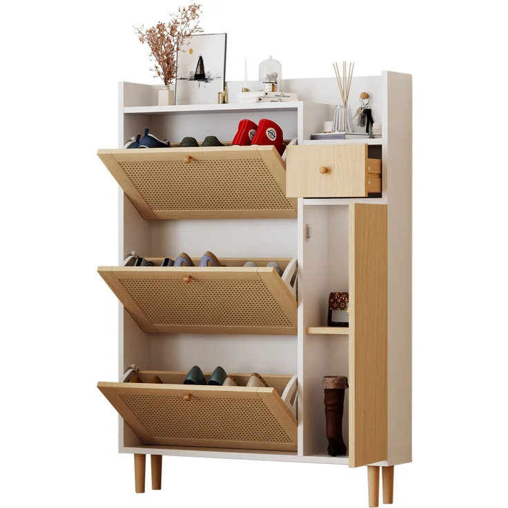 Merax Schmal Schuhschrank mit 3 Klappen, Rattan Schuhschrank Schuhkipper mit Schublade und Tür, Schuhkommode mit Verstellbarer Ablage, Weiß – Bild 10