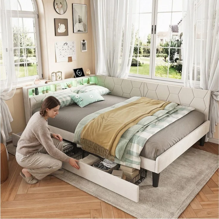 PXloue Polsterbett Daybett Tagesbett Ausziehbett (LED) (Samtstoff) (1-tlg, LED-Beleuchtung, Ladestation, in 2 Größen verfügbar), 2 Schubladen, Kopfteil Verwandelt sich in ein Bett, 140x200 cm – Bild 2