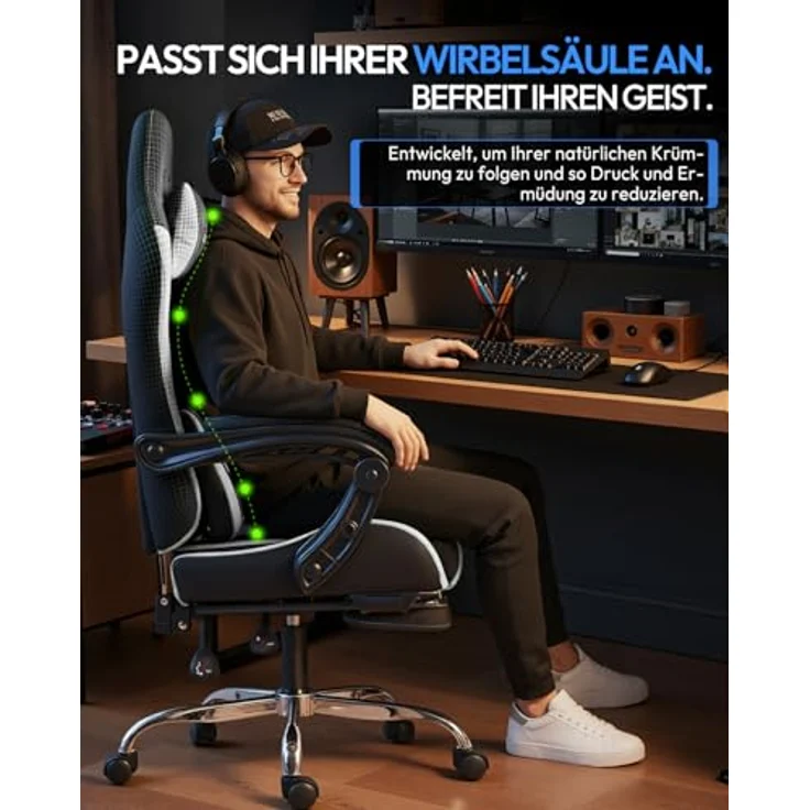 Dowinx Gaming Stuhl Bürostuhl Massage Gaming Sessel mit höhenverstellbaren Linkage-Armlehnen, ergonomischer Gamer Stuhl mit Fußstütze, gepolstert Gaming Chair 150° neigbar bis 180 kg, Weiß – Bild 9