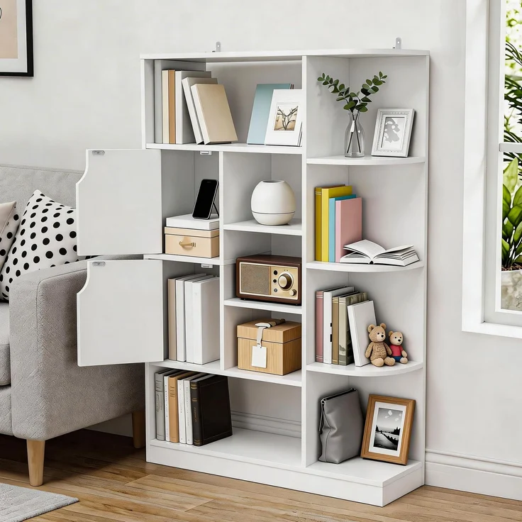 YITAHOME Freistehendes Bücherregal mit 9 offenen Regalböden und 2 Türen (Stoffbezug) für Wohnzimmer, Schlafzimmer, Büro, Weiß, 80 × 24 × 120 cm (B × T × H) – Bild 1