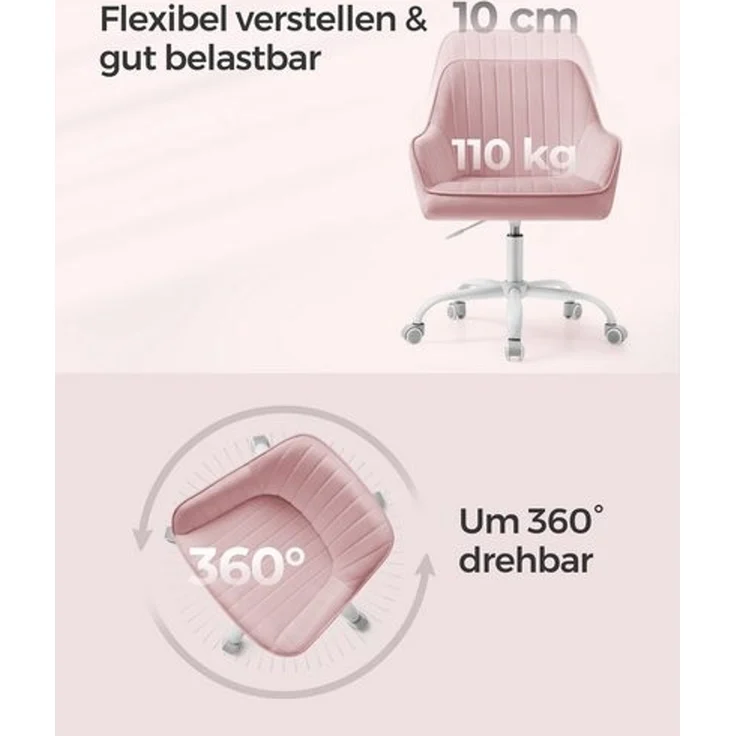 Songmics Bürostuhl höhenverstellbar, Samtbezug pastellrosa, 64 x 62 x (80-90) cm – Bild 3