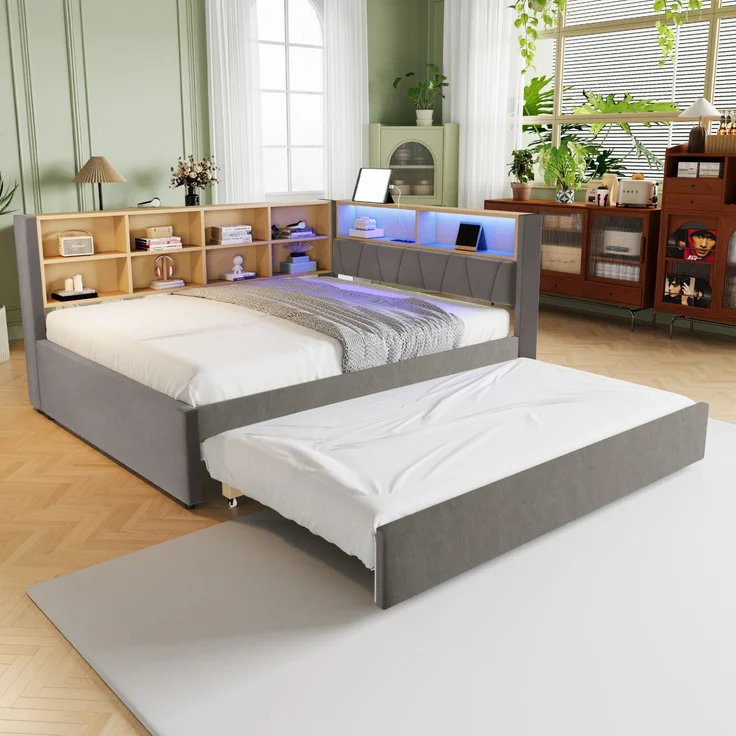 CHICFURN Bett aus Flanell Dunkelgrau 140x200 cm mit Ausziehbett 90x190 cm, LED-Beleuchtung und USB- und Type-C-Anschlüssen – Bild 1
