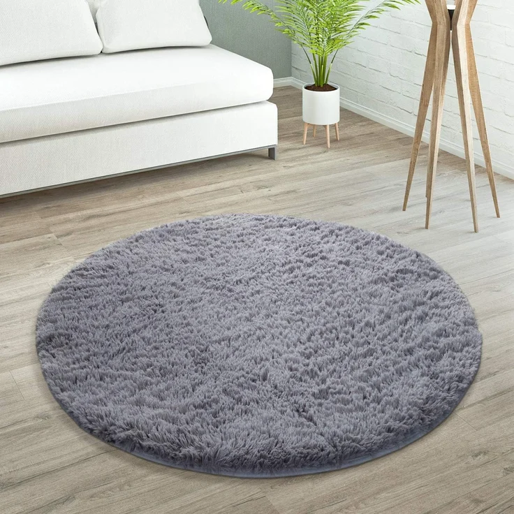 Paco Home Hochflor Teppich Wohnzimmer rutschfest Fellteppich Shaggy Flauschig Weich Modern Kunstfell Fell Imitat Einfarbig, Grösse:120 cm Rund, Farbe:Grau – Bild 1