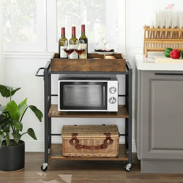 Vasagle Servierwagen mit abnehmbarem Tablett, feststellbarer Küchenwagen mit Universalrollen, Küchenregal, 65 x 40 x 86 cm, stabiles Metallgestell, Industrie-Design, Vintage, dunkelbraun von Songmics LRC72X – Bild 1