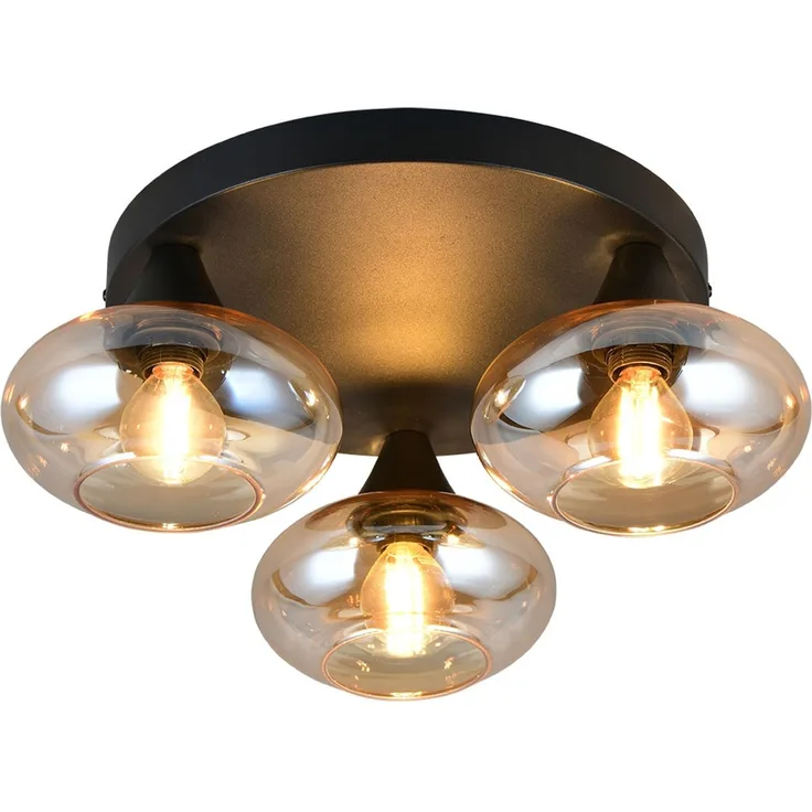 LED Deckenleuchte, Metall schwarz, Glas amberfarben, D 39 cm