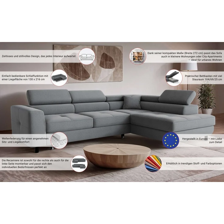 OTTO home Ecksofa AADEN Schlafsofa 254 cm - OTTO. Verlässliche Qualität, mit Bettfunktion, Bettkasten, Kopfstützen, rechts/links bestellbar – Bild 2