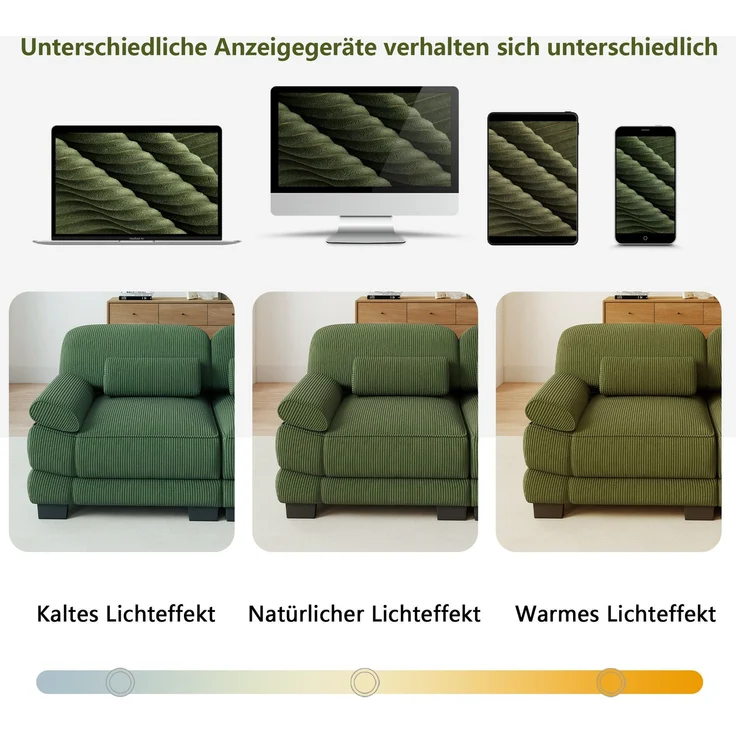 3-Sitzer-Modulsofa 265x88,5x94 cm aus grünem Cord mit Lendenkissen – Bild 5