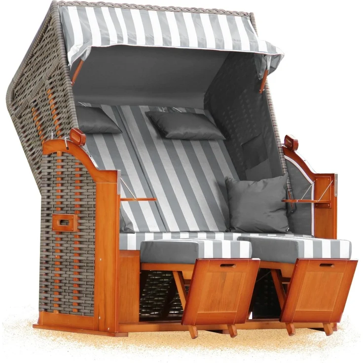 Strandkorb Hanse Ostsee Klassik XXL 2 Sitzer - Grau Weiß Blockstreifen, 137 x 166 x 78 cm – Bild 2