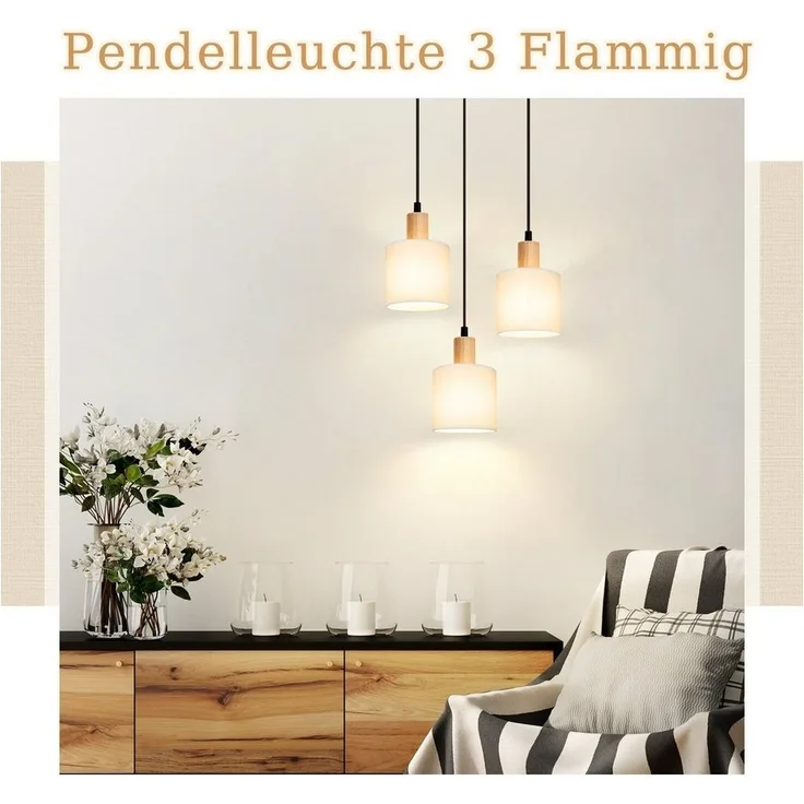 Nettlife Pendelleuchte Vintage Holz Stoff Weiß 1/3 Flammig E14 Rustikale Beleuchtung, Höhenverstellbar, LED wechselbar, Küche Wohnzimmer Restaurant Schlafzimmer Flur