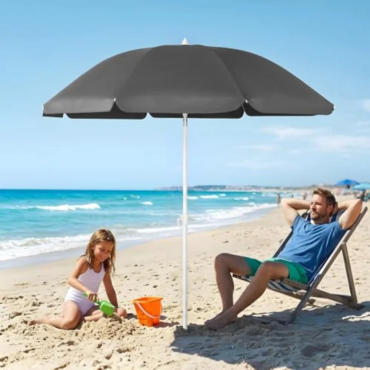 SUNULA Sonnenschirm 160 cm, knickbar und höhenverstellbar mit Bodenhülse & Schutzhülle, UV-Schutz 50+, weiß/silber – Bild 4