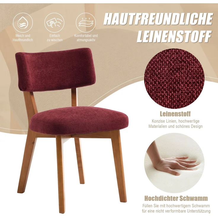 LVHOM 2er Set Esszimmerstühle Leinenstoff, Polsterstuhl aus Massivholz, belastbar bis 200 kg, Stuhl für Esszimmer, Homeoffice & Wohnzimmer, Rot – Bild 3