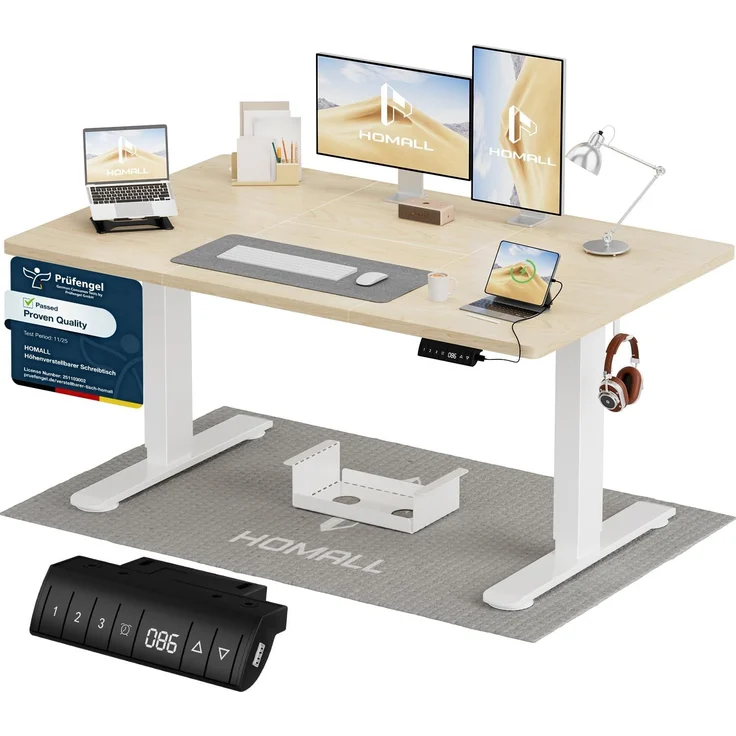 Homall Höhenverstellbarer Schreibtisch 120x70 cm mit USB-A Ladeanschluss, Elektrischer Schreibtisch mit Kabel Management Tray, Standing Desk mit 3 Memory Funktion, Computertisch Beige