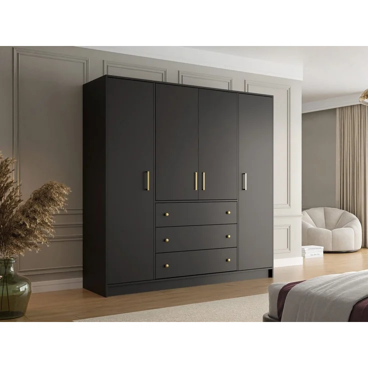 Beautysofa Drehtürenschrank RILO mit 4 Türen und goldfarbene Griffe (Kleiderstange, 8 Regalböden, 3 Schubladen, Farbe: Weiß oder Schwarz) Breite: 196 cm – Bild 5