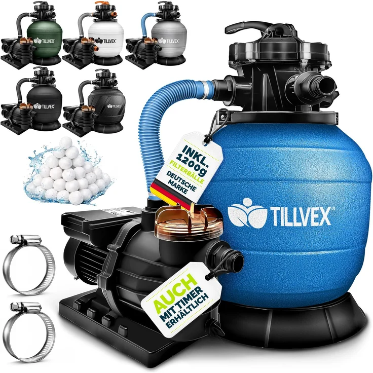 tillvex® Sandfilteranlage Pool Schwarz 13.200L/h bis 40.000L + 1200g Filterbälle | Filteranlage 7-Wege Ventil & 2in1 Adapter Ø32-38mm | Poolfilter Selbstansaugend | Sandfilter Schwimmbecken – Bild 1