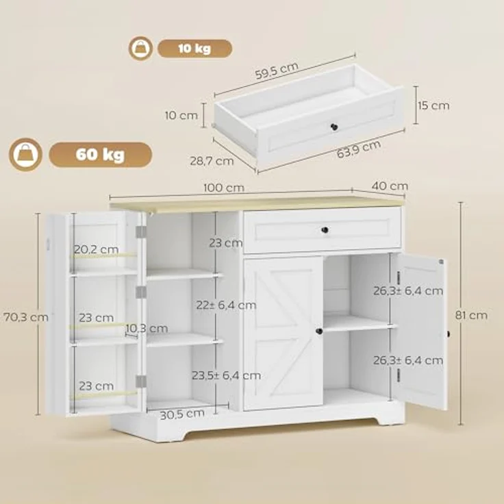 HOMCOM Sideboard Buffetschrank mit Schublade, 100 x 40 x 81 cm, Weiß mit verstellbaren Regalen und dreistufigem Gewürzhalter – Bild 3