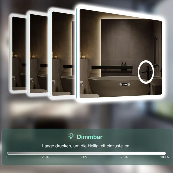 Gimbelen LED Badezimmerspiegel 100x60 cm mit Uhr, dimmbar, 3-fach Vergrößerung & Anti-Beschlag, 3 Lichtfarben, Touch-Steuerung, rechteckiges Design, für Badezimmer, Silber – Bild 3