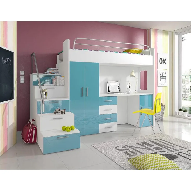 DOPPELSTOCKBETT STOCKBETT BLAU BETT KINDERZIMMER ETAGENBETT MIT SCHREIBTISCH