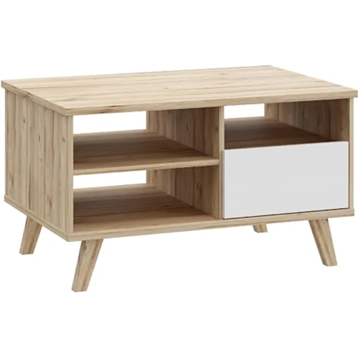 Forte VANNKA Couchtisch 90, Tisch mit offenen Fächern und Schublade, Holzwerkstoff, Planked Eiche Dekor/Weiß, 90 cm breit, 51,1 cm hoch, 60 cm tief – Bild 5