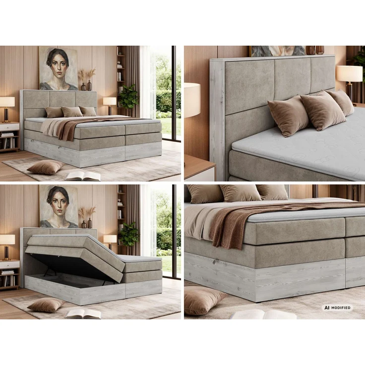 Boxspringbett DELNOR KING 200 x 200 cm Doppelbett mit Bettkasten Kopfteil 7-Zonen Multipocket-Matratze H3 Topper Visco ergonomisch Polsterbett - Beige Stukture – Bild 2