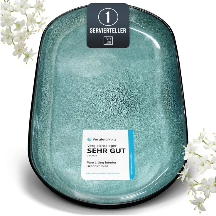 Steingut Servier Teller Groß Ibiza TESTSIEGER, Traumhafte Mediterrane Steingut Servierplatte, Serving Plate Oval, Servierteller Groß - Pure Living in Petrol – Bild 1