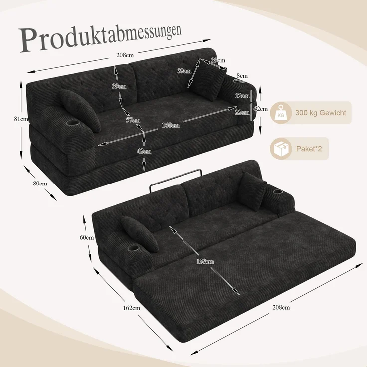 ZUBALIYA Schlafsofa 80x81 cm, mit Stauraum, mit Samtbezug, mit Cordbezug, mit Knopfheftung, mit breiten Armlehnen, Schwarz – Bild 2