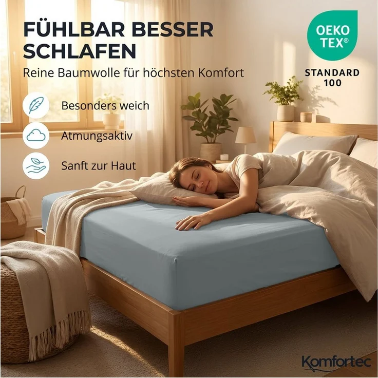 Komfortec Spannbettlaken Jersey Spannbettuch, 90x200, 140x200, 160x200, 180x200 oder 200x200 cm, 100% Baumwolle (135 g/m), Gummizug: Rundum, (2 Stück), OEKO-TEX® Standard 100 Zertifisiert, für Matratzen bis 25 cm Höhe – Bild 4