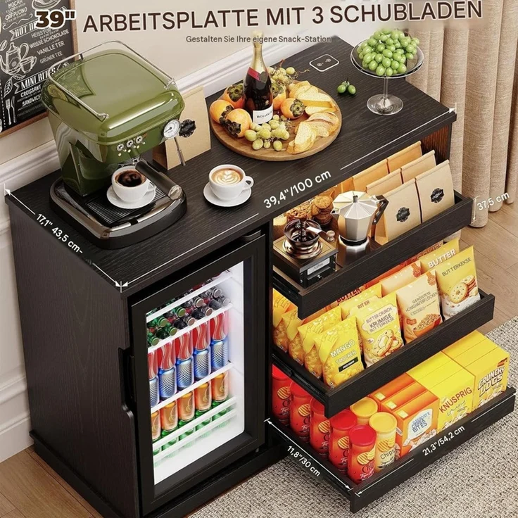 Snackschrank 100x43.5x83 cm mit 92L Kühlschrank, LED-Beleuchtung und Stauraum, Schwarz – Bild 3