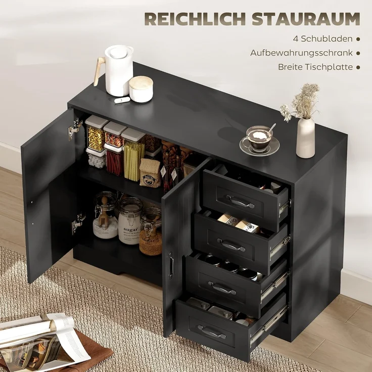 HOMCOM Sideboard Beistellschrank mit 4 Schubladen, 2 Türen, verstellbarem Einlegeboden (Aufbewahrungsschrank, 1 St, Küchenschrank), für Wohnzimmer, 105 x 40 x 76 cm, Schwarz – Bild 4