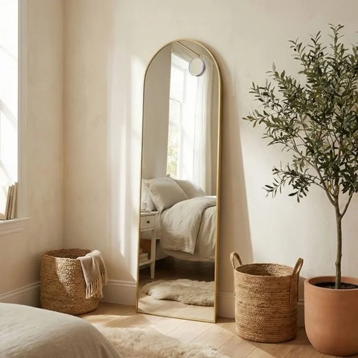 SONGMICS Ganzkörperspiegel, 150 x 40 cm, gewölbter Standspiegel, Rahmen aus Aluminiumlegierung, Hartglas, für Schlafzimmer, Wohnzimmer, Garderobe, blassgold – Bild 1