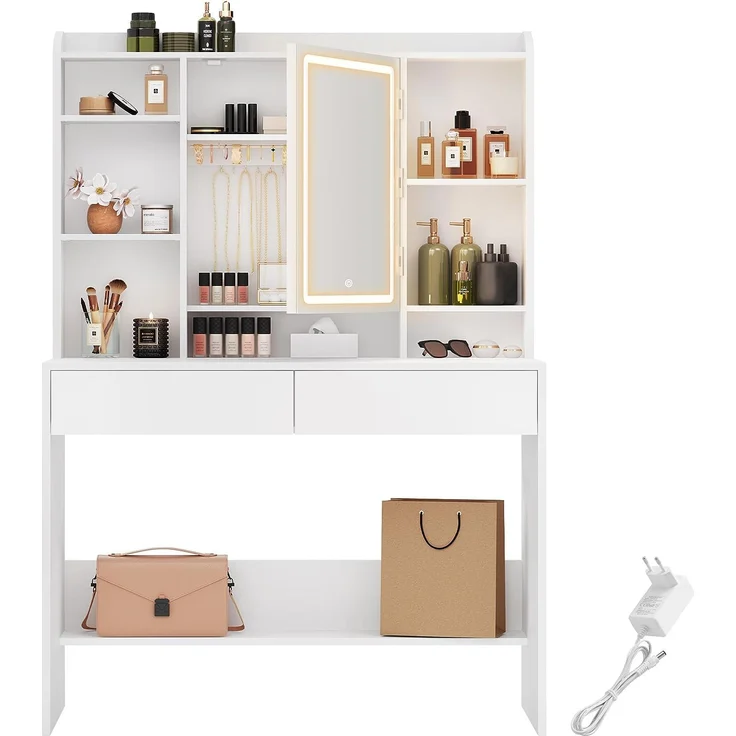 VASAGLE Schminktisch mit LED-Beleuchtung, 3 Farben mit Einstellbarer Helligkeit, Frisiertisch mit Spiegel für Make-up, Kosmetiktisch mit verstellbaren Ablagen, 2 Schubladen, modern, weiß – Bild 1