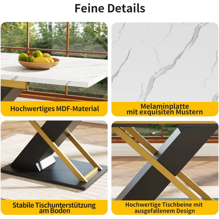 Ausziehbarer Esstisch 120-160x80x75,4 cm, Marmoroptik, goldene Kreuzbeine – Bild 7