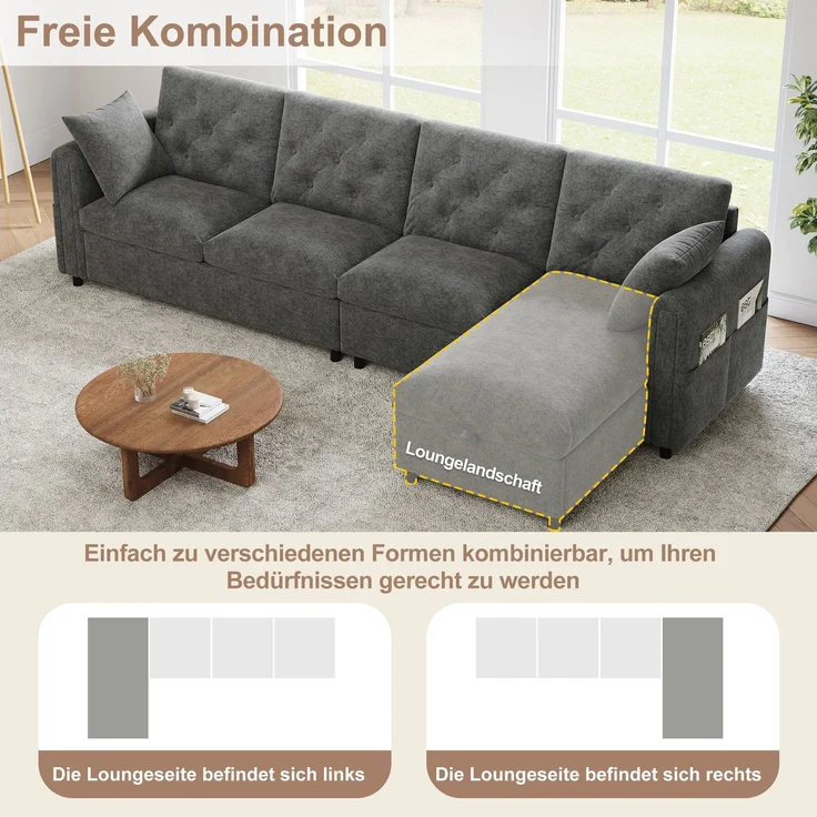 EINHOM Moderns sofa mit Stauraum im Eckbereich , L-förmiger Stauraum im Eckbereich links und rechts verstellbar, Seitliche Armlehnen mit Magazintaschen, Rückenlehne mit Knopfheftung. Grau. (281 x 86 x 71 cm) – Bild 7