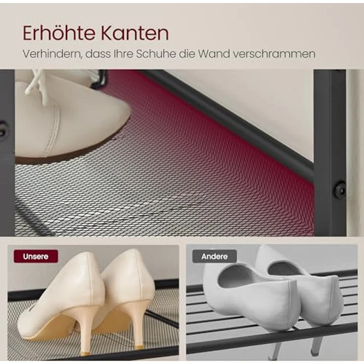 VASAGLE Schuhregal, Schuhablage, 4 Ebenen, große Oberfläche, verstellbare Gitterablagen, platzsparend für Eingangsbereich Flur, Metall, Industrie-Stil, honigbraun-tintenschwarz LBS040K01 – Bild 7