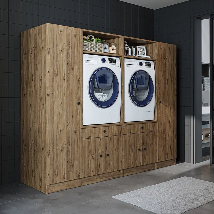 Roomart Waschmaschinenumbauschrank & Schrankwand für Waschküche - SERIE 1 - | 224 cm breit | Waschmaschine & Trockner | Mit Ausziehbrett | Hauswirtschaftsraum Möbel • Eiche