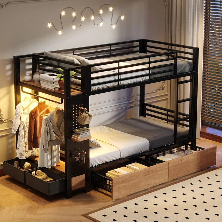 Etagenbett, 90 x 200 cm,Eisenrahmen,4 Schubladen,mehrere Ablageflächen,mit LED-Lichtleiste,Lochwand,mit Kleiderstange,Stauraum,Matratze nicht im Lieferumfang enthalten,Schwarz – Bild 1