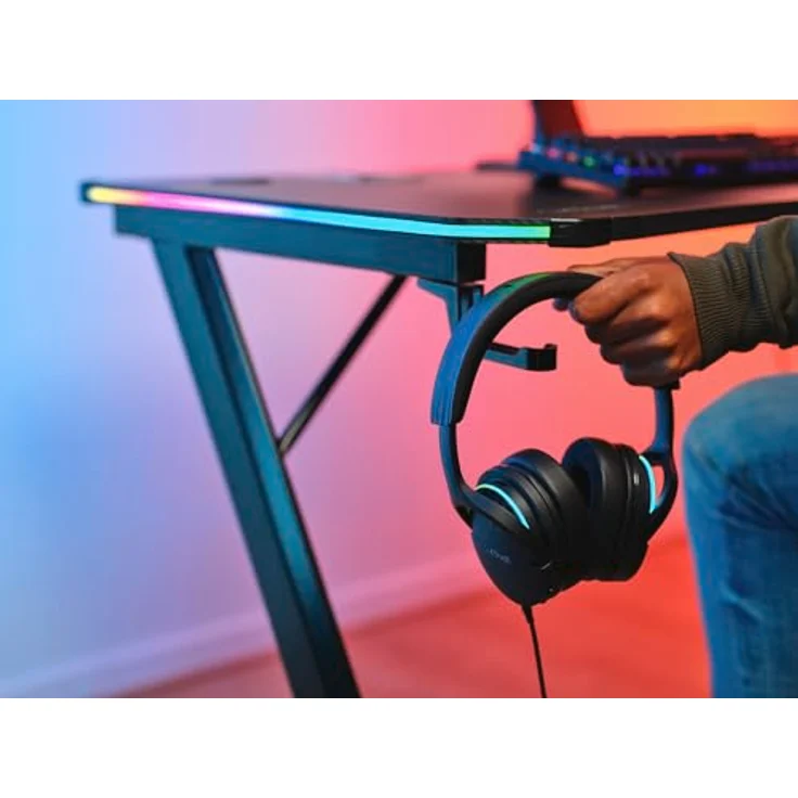 Trust Gaming GXT 709 Luminus RGB Gaming Tisch mit LED Beleuchtung, 10 Modi, USB-Betrieb, Gaming Schreibtisch mit Headset und Getränkehalter, Computertisch 120x60 für Büro, Gamer - Schwarz – Bild 10