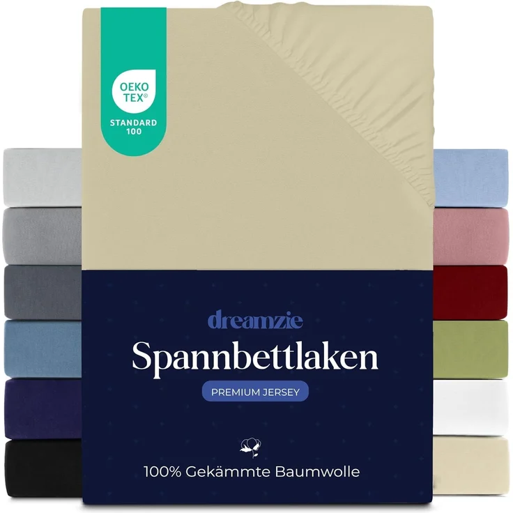 Dreamzie Premium Spannbettlaken 120x200 cm, Spannbetttuch für Dicke Matratzen bis zu 22 cm, Bettlaken 100% Jersey Baumwolle, 150 g/m², Oeko-TEX zertifiziert - Beige – Bild 1