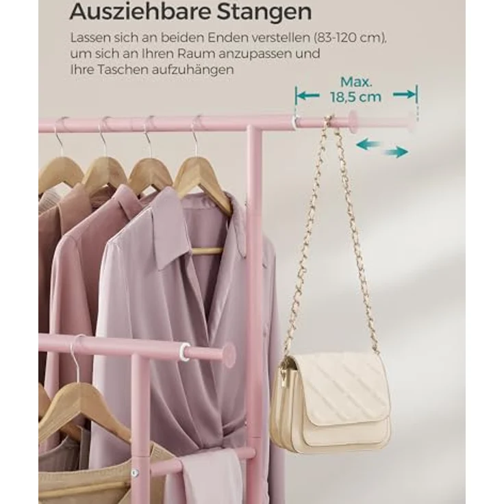 Songmics Kleiderständer auf Rollen, doppelte Stangen, ausziehbare Kleiderstangen, Garderobenständer aus Stahlrohren, bis 80 kg belastbar, 83-120 cm breit, Pastellrosa – Bild 4