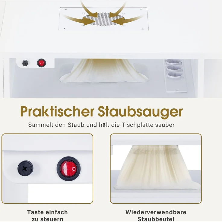 BarberPub Manikürtisch mit 4 Schubladen, Regal, 2 Ablagen & Glasplatte, Nageltisch mit Absaugung & 2 Staubsaugerbeuteln, Weiß, 2442 – Bild 4