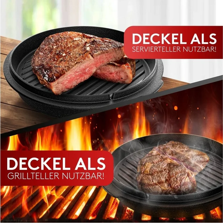 Amandi Feuertopf BBQ Dutch Oven Feuertopf - Gusseisen Set 7L für Grill & Lagerfeuer, Gusseisen, Voreingebrannt inklusive Deckelheber und E-Book – Bild 2