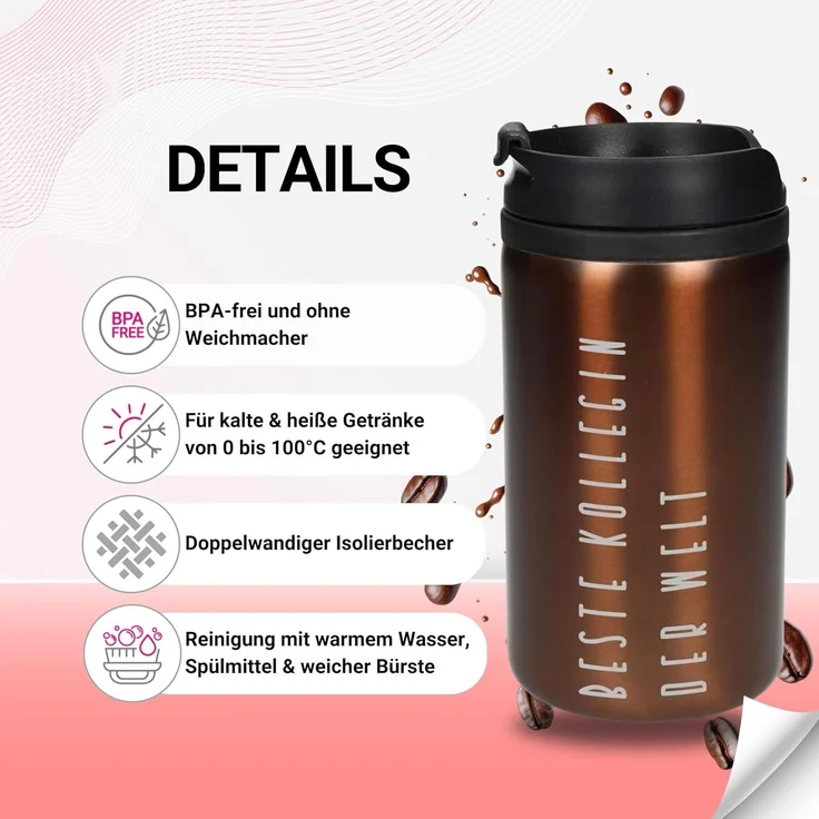 elasto Thermobecher 250 ml Edelstahlbecher doppelwandig isolierter Kaffeebecher, Coffee mug, Travel mug, Becher mit Deckel, Trinkbecher, Becher – Bild 2